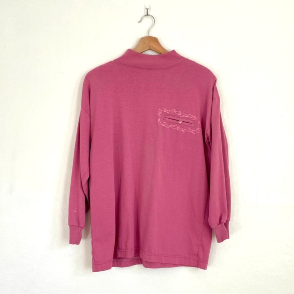 Vintage Pink High Neck Embroidered Pocket Long Sleeve Shirt